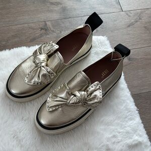 Gold Women's Loafers with Bow Detail